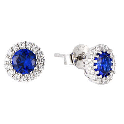 Silver Halo Created Sapphire Cubic Earrings