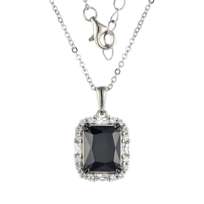 Silver Black Emerald Cut Cubic Pendant And Chain S806