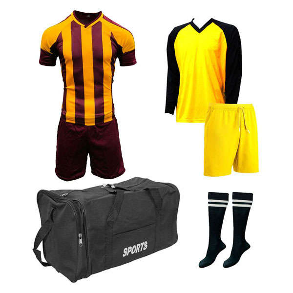 Soccer Kit with Goalkeeper Set &amp; Kit Bag - For Junior Football Team of 15 - Yellow/Maroon