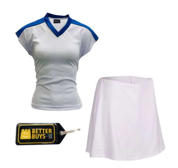 Netball Top/Skirt Kit Set for Women's Team of 10 - White with Blue Trim &amp; Keyring