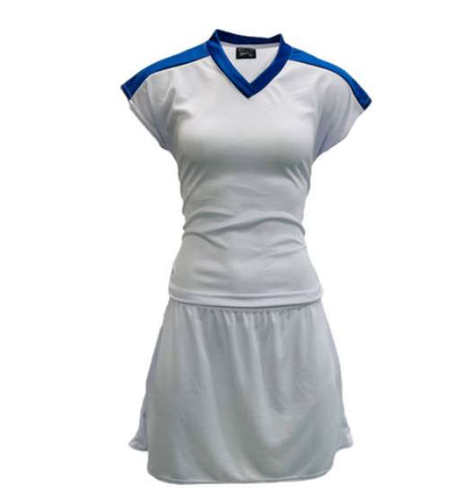 Netball Top/Skirt Kit Set for Women's Team of 10 - White with Blue Trim &amp; Keyring