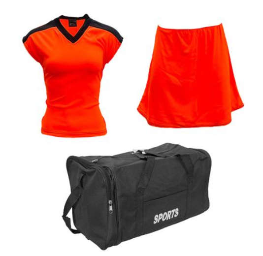 Netball Top/Skirt Kit Set for Women's Team of 10 - Orange/Black with Bag