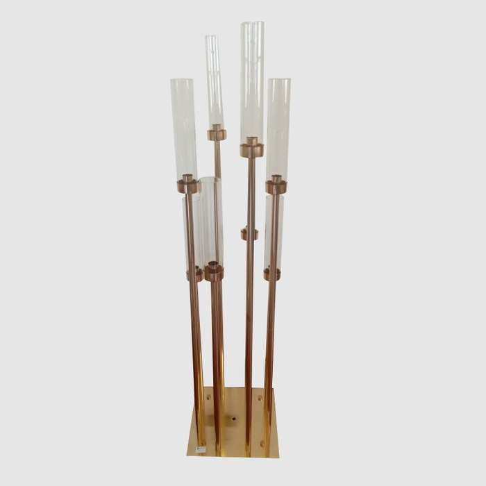 Golden Candle Holder With 8 Glass Cylinders and Square Base