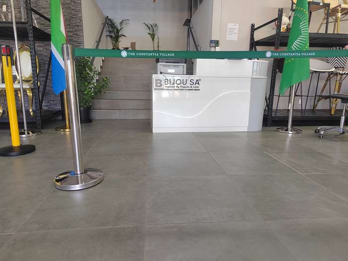 Queue Barrier- Silver Pole With 2M Retractable Dark Green Belt Domed Base Design