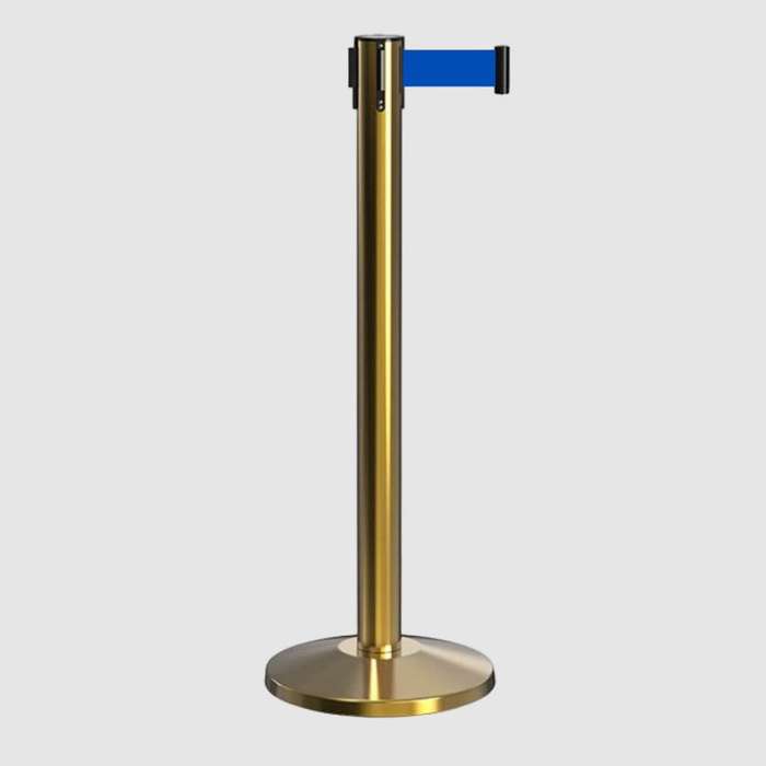 Queue Barrier-Gold Pole With 2M Retractable Royal Blue Belt Domed Base Design