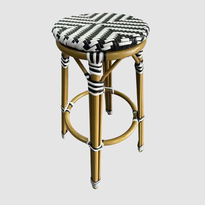 French Bar Rattan Stool Black & White