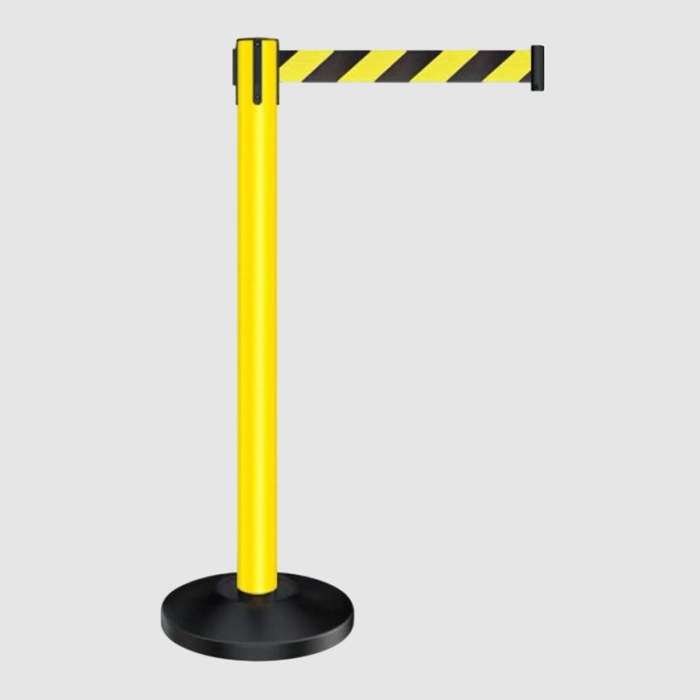 Queue Barrier- Yellow Pole With 2M Retractable Chevron Black & Yellow Belt Domed Base Design