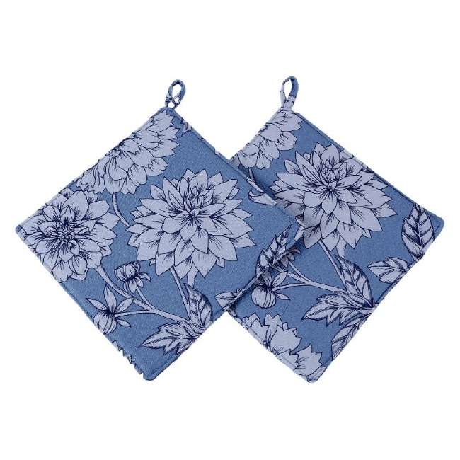 Robyn Valerie Blue Dahlia Pot Holders, Set Of 2