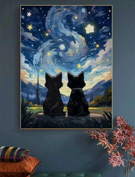 Diamond Dotting: 2 Cats in the Night Sky