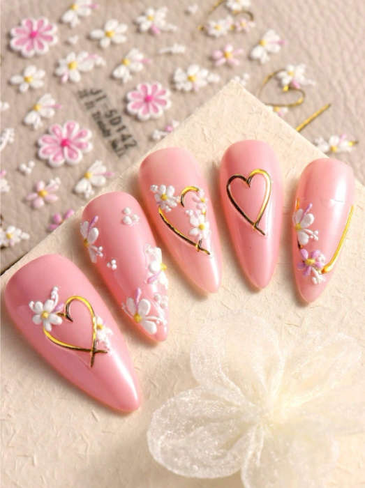 2pcs 5D Flowers and Hearts Nail Art Stickers