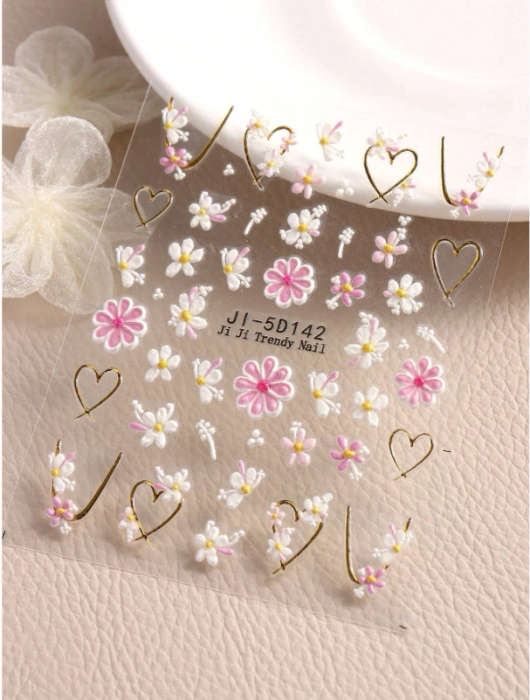 2pcs 5D Flowers and Hearts Nail Art Stickers