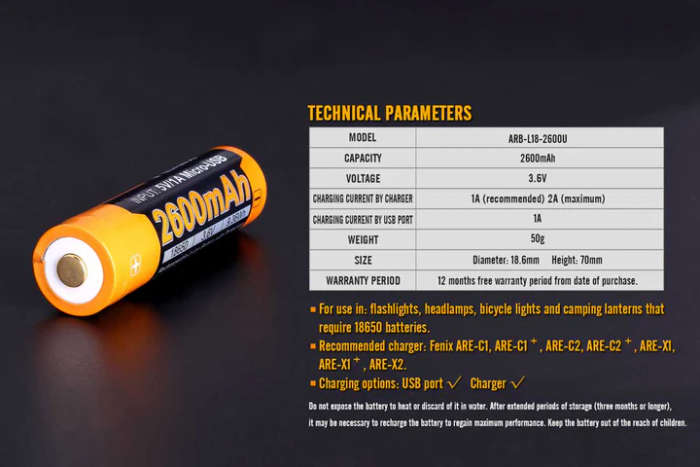 Fenix ARB-L18-2600U 2600 mah 18650 battery