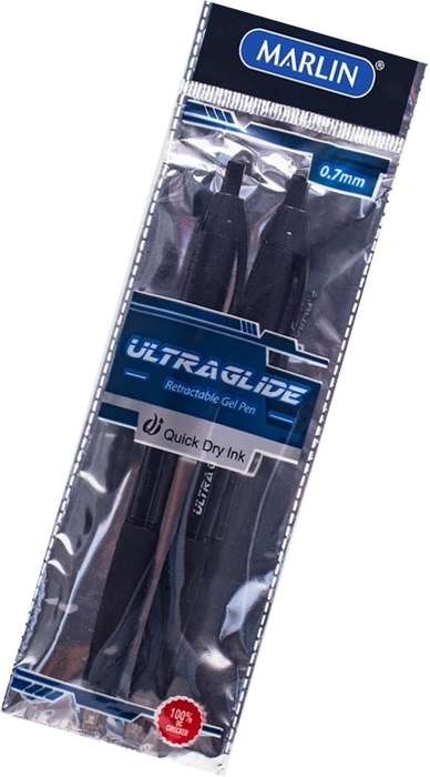 Marlin Ultraglide Retractable Ballpoint Pen Black 2 Pack- Rubber Grip Fine Point 0.7mm Spring Loa...