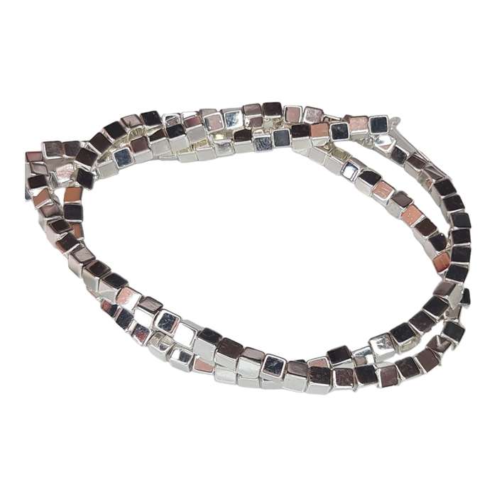 Hematite bead string, squares, silver, 3mm, 40cm