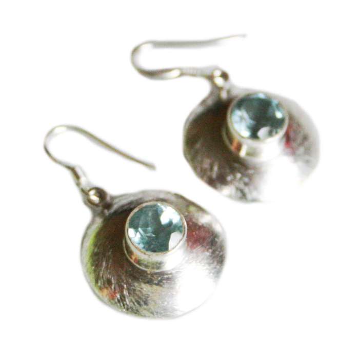 Round Aquamarine earrings in 925 silver, brushed finish, 38mm