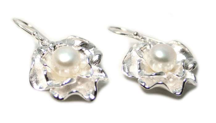 Freshwater pearl flower earrings in 925 silver, 36mm incl. hook