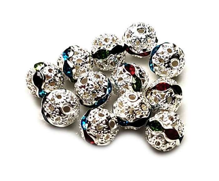 10x Metal bead w rhinestones, 8mm, assorted