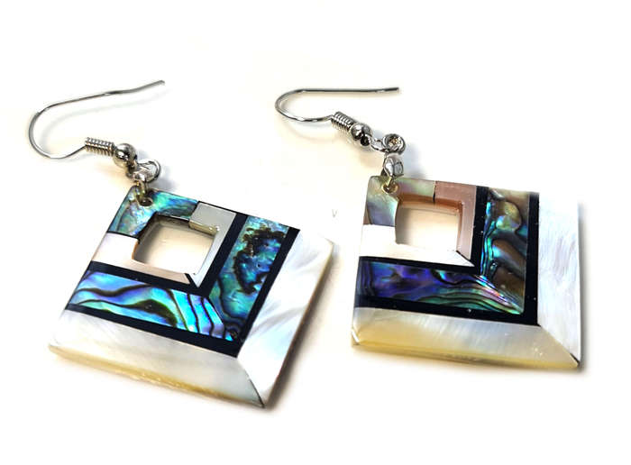 Paua shell earrings, square, 57mm incl. hook