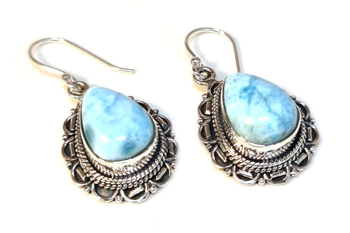 Larimar cabochon earrings in 925 silver, pear, 38mm