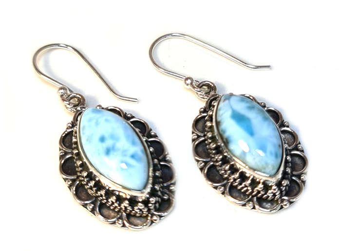 Larimar cabochon earrings in 925 silver, marquise, 40mm