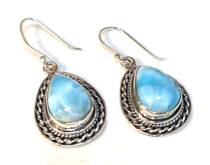 Larimar cabochon earrings in 925 silver, pear, 38mm