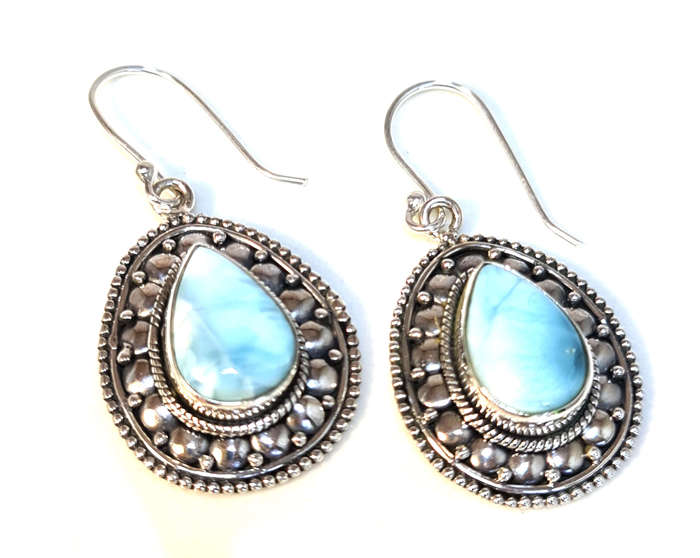 Larimar cabochon earrings in 925 silver, pear, 42mm