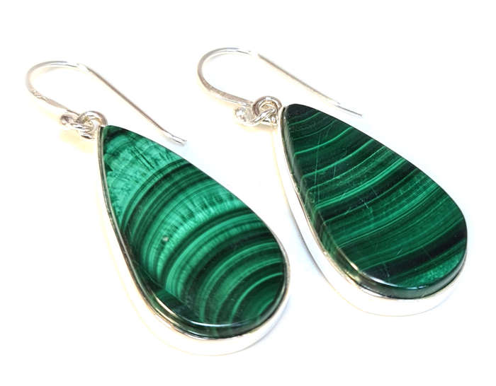 Malachite cabochon earrings in 925 silver, pear, 47mm