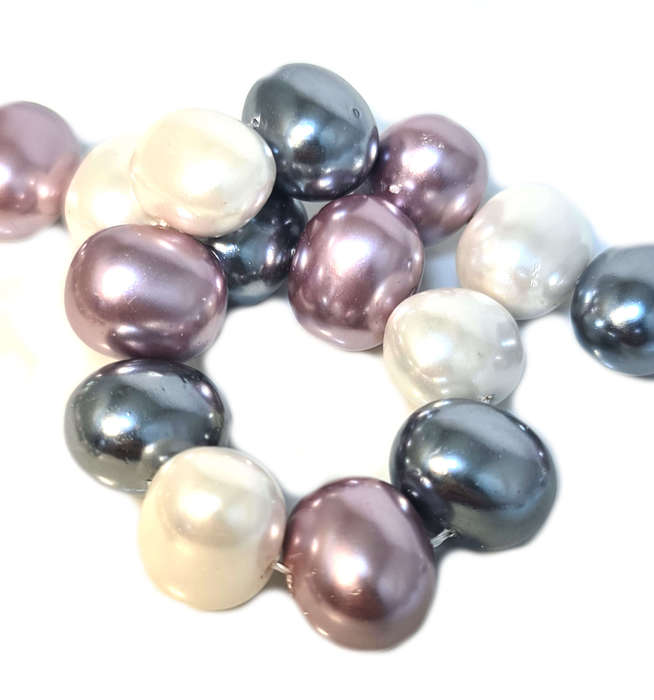 Shell pearl string, oval - cream, dark grey, mauve, 12x16mm, 40cm