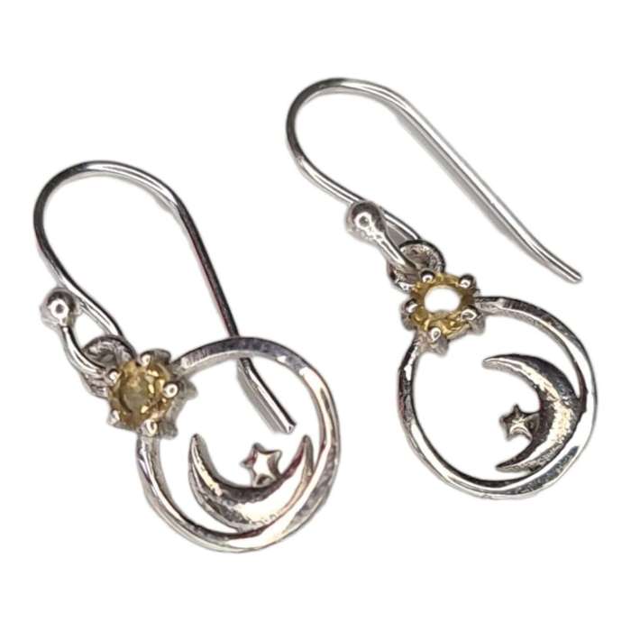 Moon & star earrings in 925 silver, Citrine, 24mm incl. hook