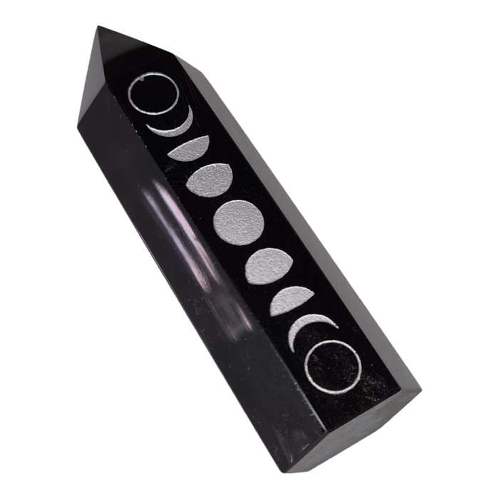 Obsidian point, moon phases carved, 8cm high