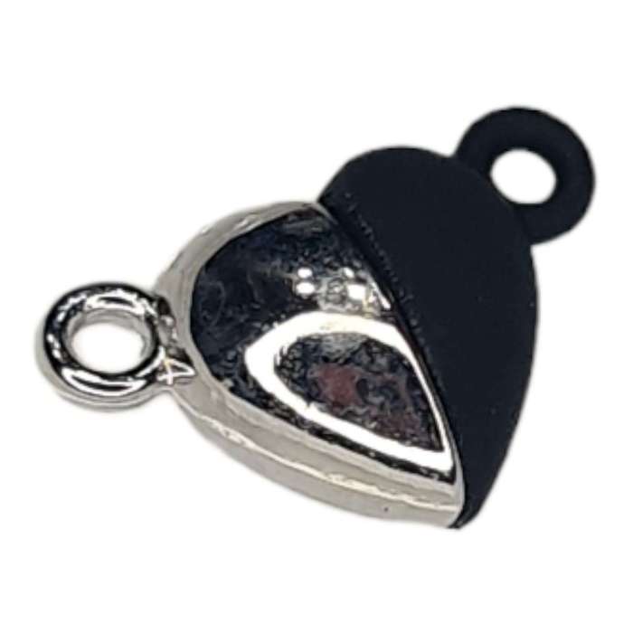 Magnetic clasp in base metal, black & silver, heart, 10x15mm
