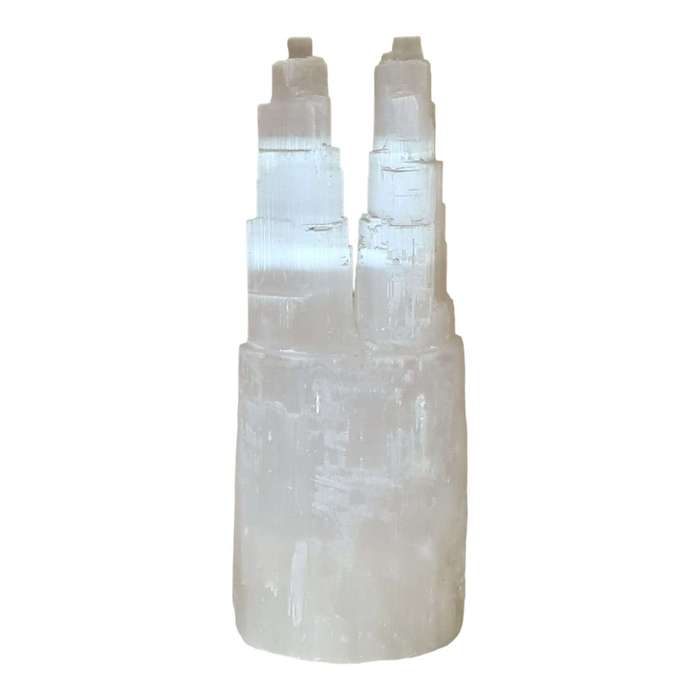 Selenite twin tower lamp, 35cm