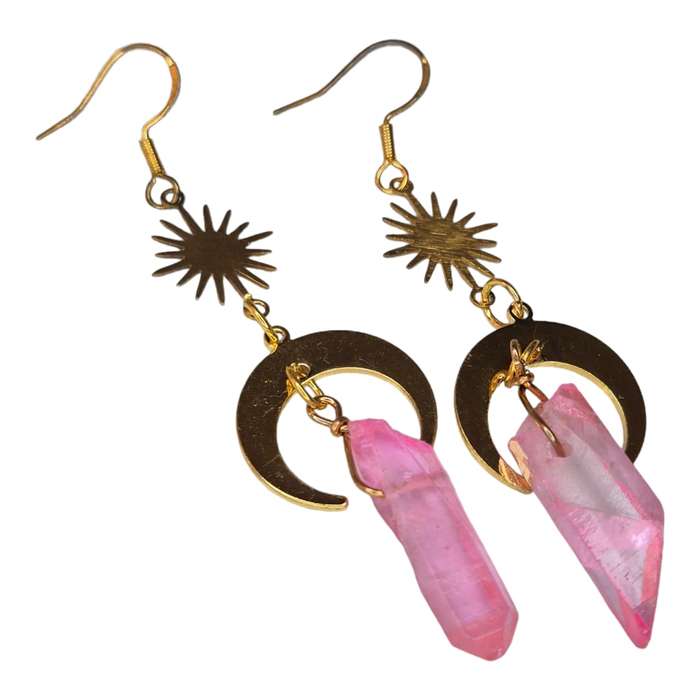 Aura Quartz crescent moon w sun drop earrings, gold base, pink, 80mm