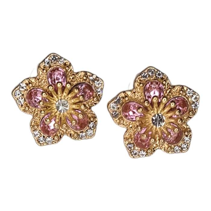 Flower rhinestone stud earrings, pink & gold, 20mm