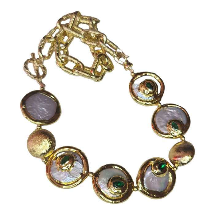 Freshwater coin pearl necklace w Emerald CZ, gold base, 48cm