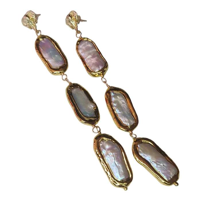Biwa Pearl drop earrings w elephant stud, gold base, 105mm