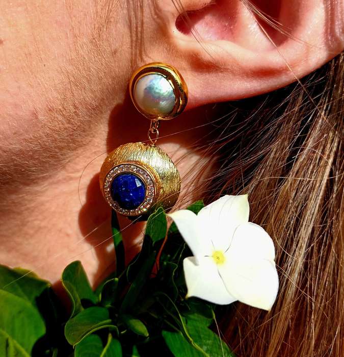 Freshwater pearl & Lapis Lazuli w CZ earrings, gold base, 45mm