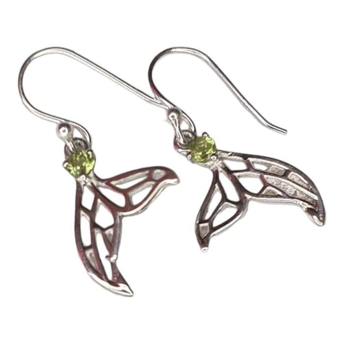 Whale Tail earrings in 925 silver, Peridot, 30mm incl. hook