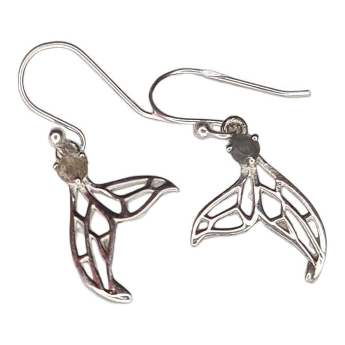Whale Tail earrings in 925 silver, Labradorite, 30mm incl. hook