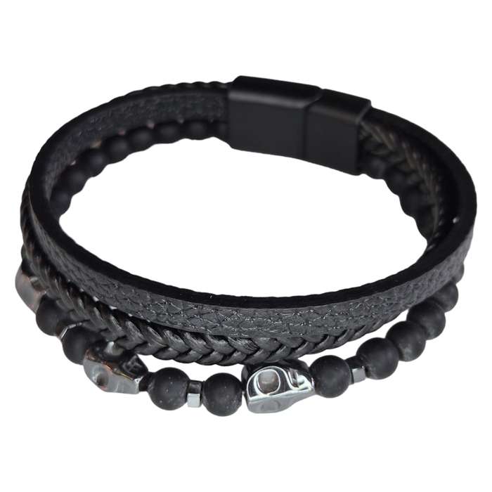Obsidian w hematite skulls faux leather bracelet, slide clasp