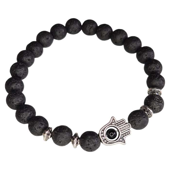 Lava bead bracelet w hamsa hand, stretchcord