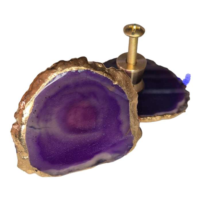 Agate slice knob w gold trim, purple