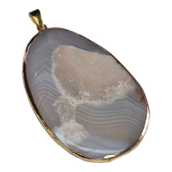 Agate slice pendant, grey, gold trim, 60-80mm