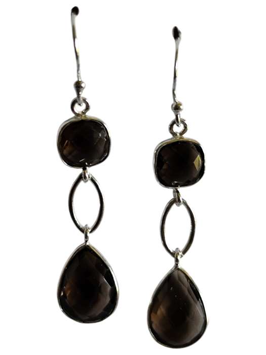 Smoky quartz facet dangle earrings, 925 Silver