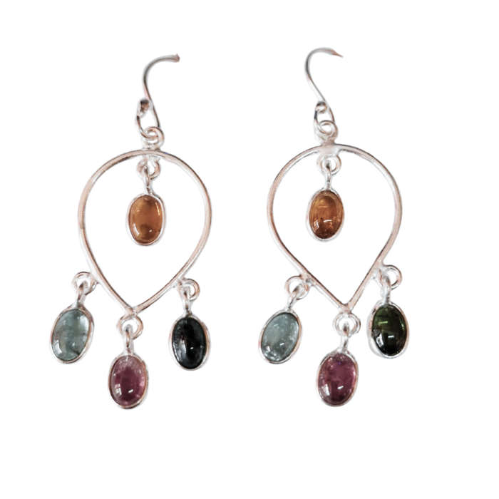 Colourful Tourmaline chandelier earrings, Silver 925, Oval
