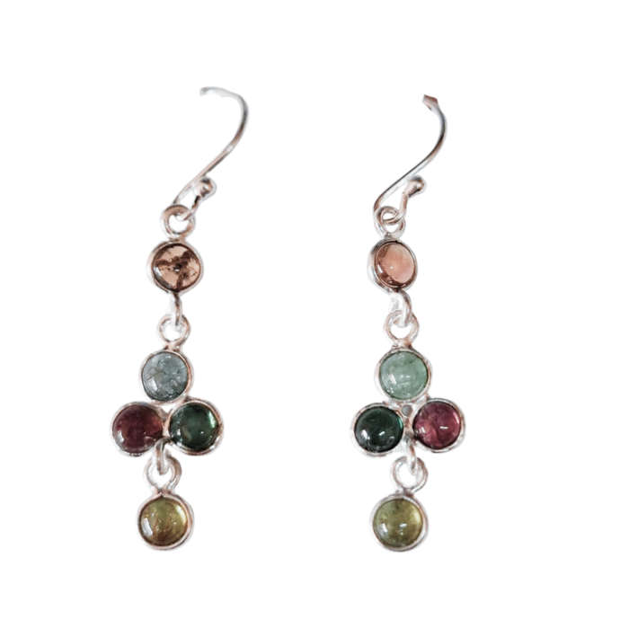 Colourful Tourmaline dangle earrings include hooks, 925 Silver, Round shape