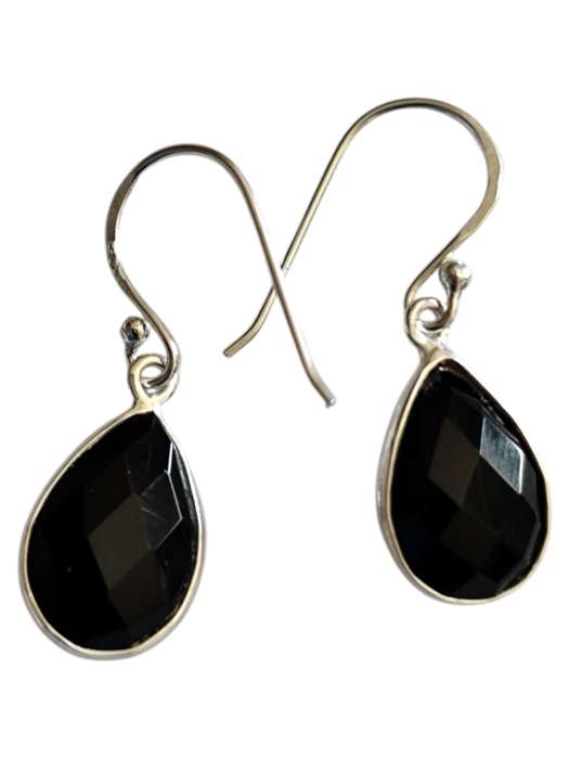 Black Obsidian facet dangle earrings, 925 Silver, 2.9cm