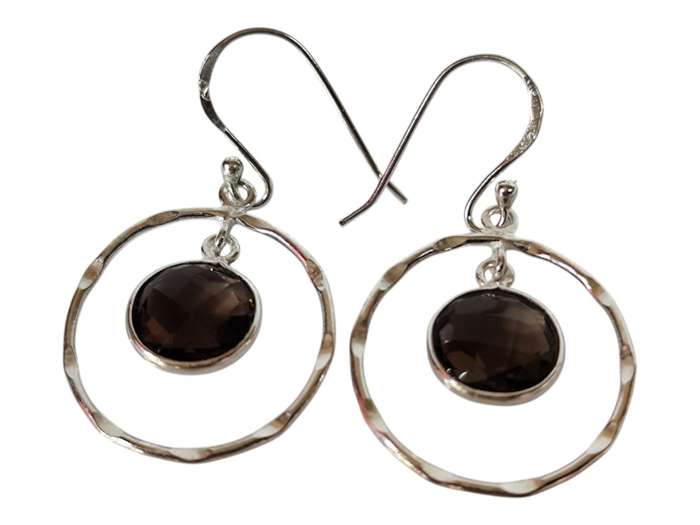 Smoky quartz round facet dangle earrings, 925 Silver, 4cm
