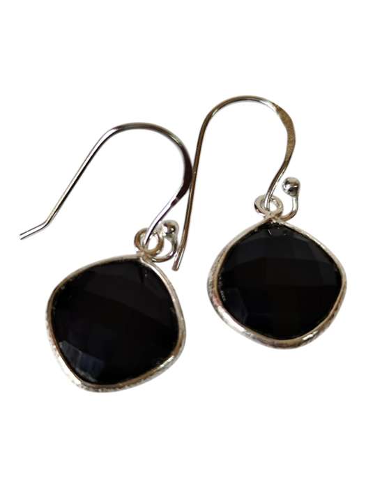 Black Onyx Square facet dangle earrings, 925 Silver