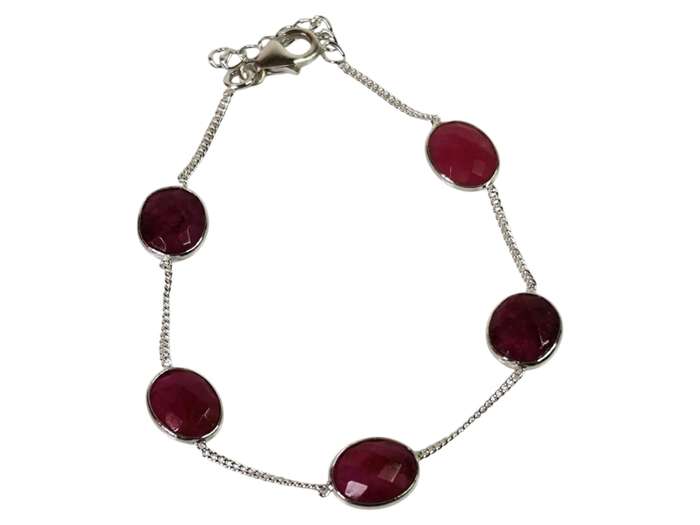 Ruby bracelet in 925 silver, Oval, with lobster clasp and extension chain end, 18.3 + 2.3cm